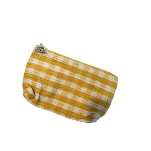 Handwoven Yellow & White Checkered Cosmetic Pouch With Floral Liner  9" X 6"